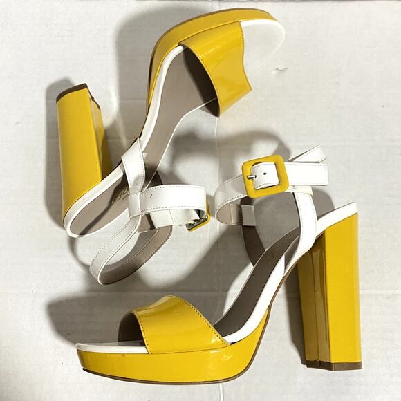 Galieti Patent Leather White Yellow Retro Pin Up Open Toe 5" Heels Sz 38 7.5 - Picture 8 of 9